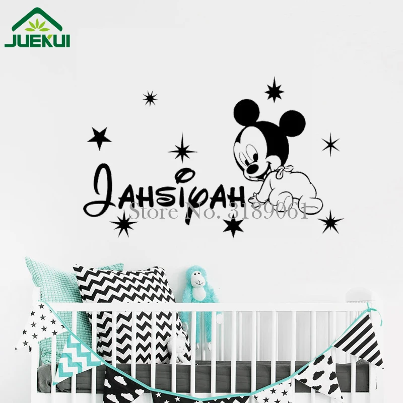 

Cute Mikey Mouse With Custom Personalized Baby Name Vinyl Wall Sticker For Baby Kids Bedroom Sweet Decor Art Murals J123