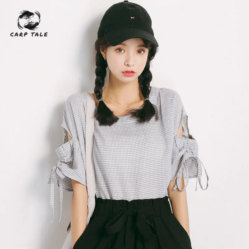 

Summer new Korean fashion cute sweet T-shirt female 2019 new women's O-neck drawstring gray / apricot short-sleeved shirt women