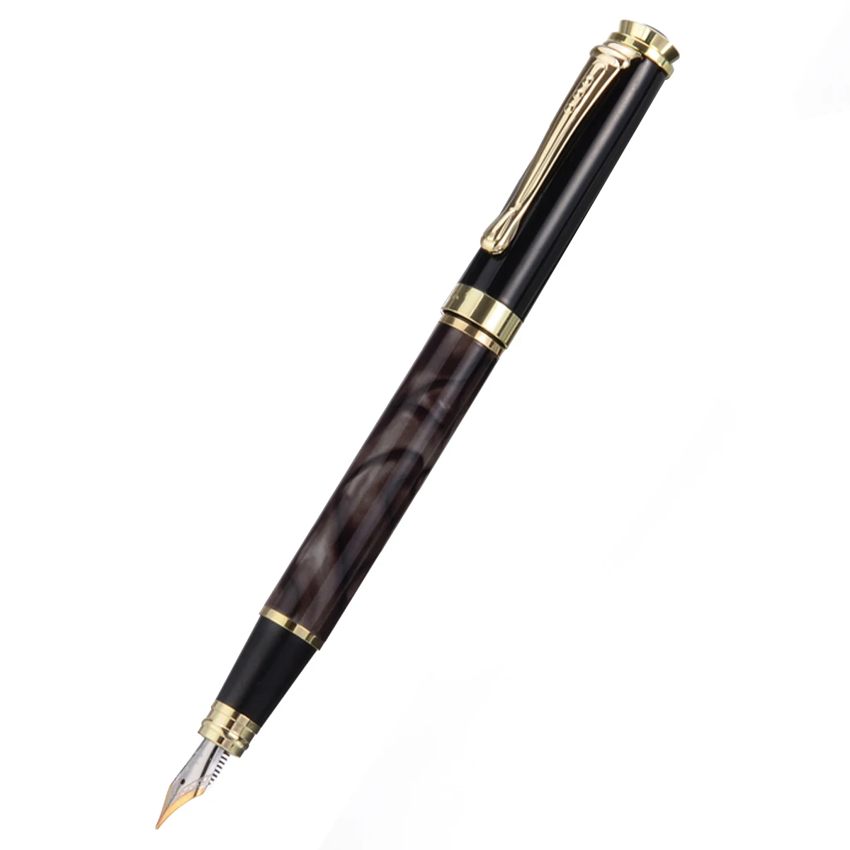 1 Piece Black Gold Medium Nib Fountain Pen Marbled Grain Standard Ink Fountain Pen Golden Clip School Office Student Supplies