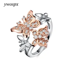 YWOSPX роскошные золотые бабочки серебряного цвета кольцо ювелирные изделия AAA CZ Циркон Обручальные Кольца для женщин праздничные подарки на день рождения дропшиппинг 4
