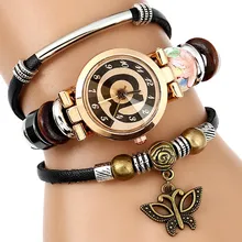 Gnova Platinum Top Genuine Leather Women Watch Dial Butterfly Charm Ceramic Bead Fashion Strap Bracelet Wristwatch