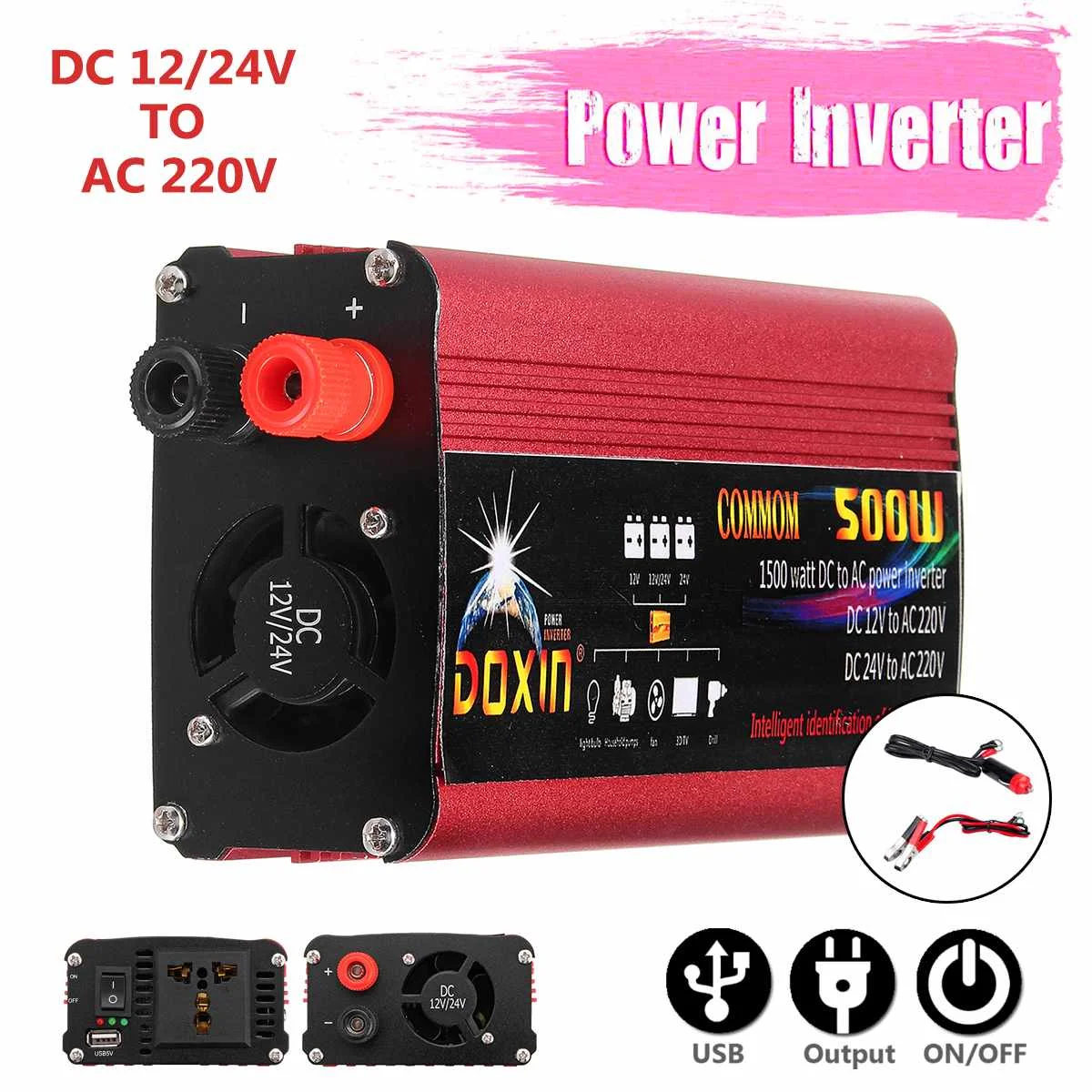 

500W USB Power Inverter Converter DC 12V/24V To AC 220V 1000W Peaks Power Auto Inverter Converters Modified Sine Wave
