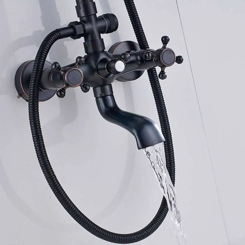 Черный Бронзовый Смеситель для душа с Ванная комната смеситель для душа в форме дождя кран с двум ручками, латунный настенное крепление Душ смеситель душевая лейка