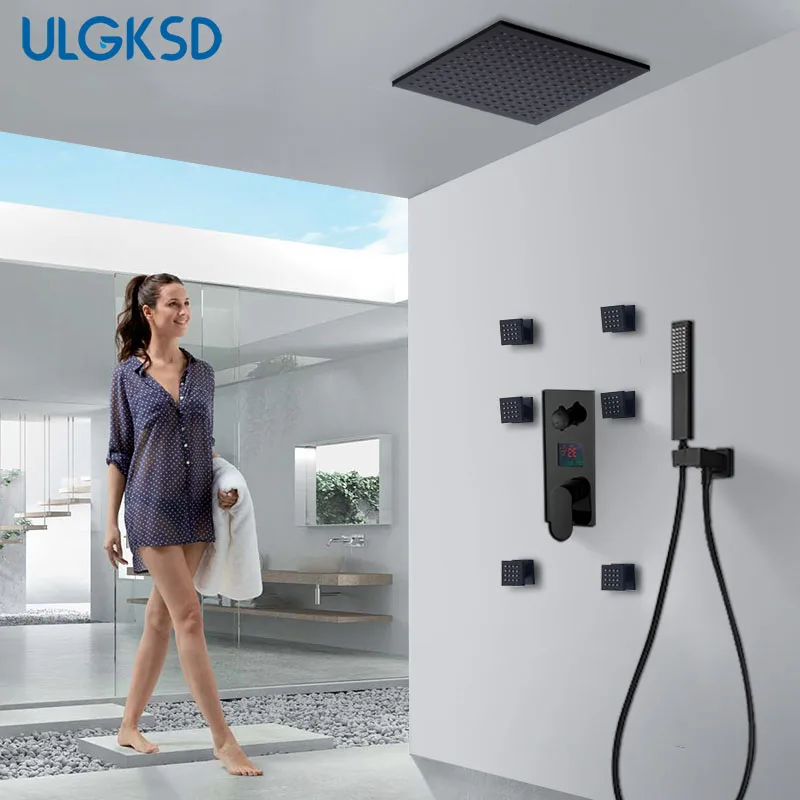 

ULGKSD Shower Faucet Set Rain Shower Head LED Digital Display 3-way Handshower Digital Display Mixer Tap Bathroom Shower Faucet