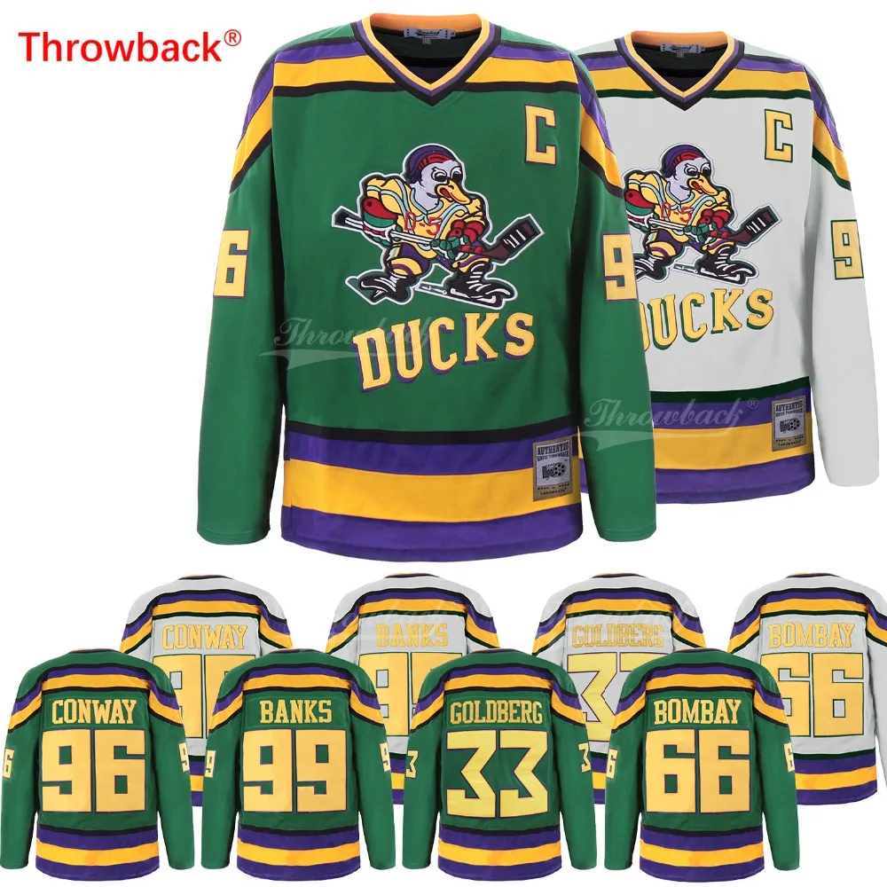 

Throwback Ice Hockey Jerseys Men's Mighty Ducks #96 Charlie Conway 33 Greg Goldberg 99 Adam Banks 66 Gordon Bombay Movie Jersey