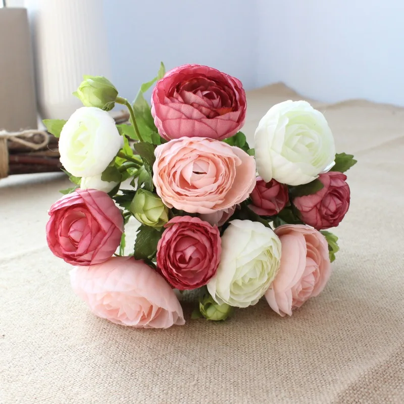 1 шт. яркий 10 голов букет роз ranunculus свадебный цветок невесты шелковые искусственные цветы вечерние подарок для дома - Цвет: purple pink cream