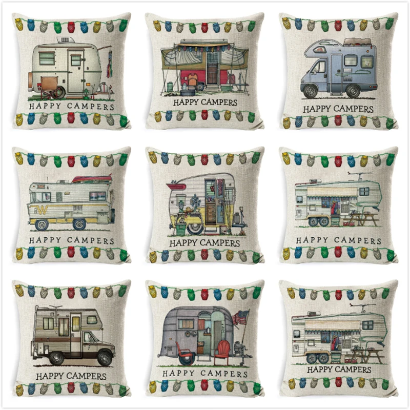 

Linen Cushion Cover Happy Campers Throw Pillow Cover Letter Car Pillowcase For Sofa Bedroom Home Decoration 45cm*45cm cojines