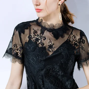 

European goods lace shirt female short-sleeved inside mesh gauze bottoming hook flower hollow perspective sexy lace shirt s29126