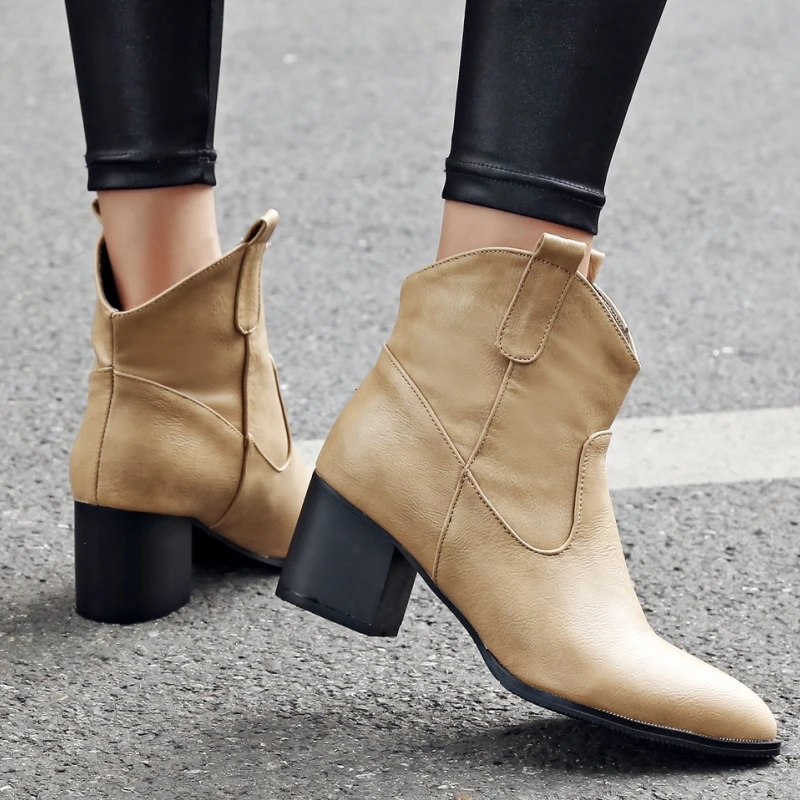 

On Sale Autumn Winter Fashion Slip-On Retro Woman Ankle Boots Square Heel Women Shoes Large Sizes 32-47 Western Boots Woman
