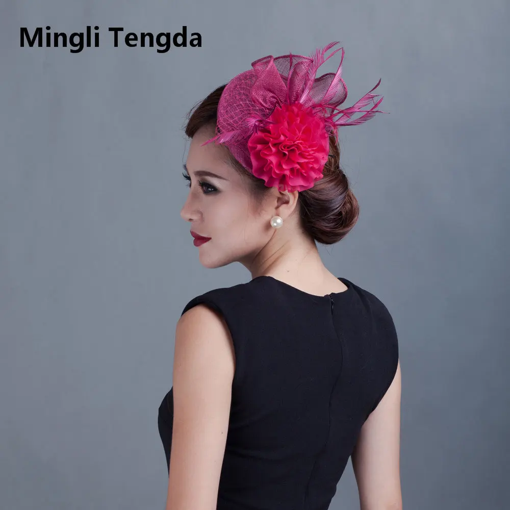 

Noble Linen Beige/Red/Black Lady Hat Bow Shape Feather Decoration Bride Hats for Church/Wedding Party Hats/Outdoor Mingli Tengda