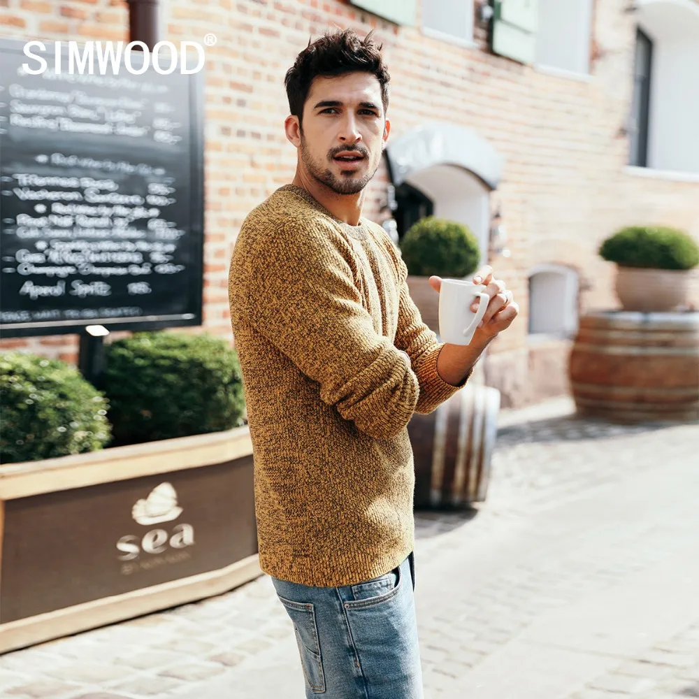 SIMWOOD مزيج سترة الكشمير المعنقة الرجال Heathered اللون تصميم الربيع الشتاء جديد البلوزات الدافئة السترة زائد حجم العلامة التجارية الملابس 180553