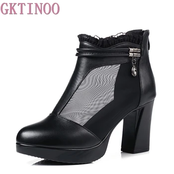 

GKTINOO Women Sandals Leather Ankle Boots Mesh Summer Spring Boots Zapatos Chaussures Femme Square High Heel Women Shoes