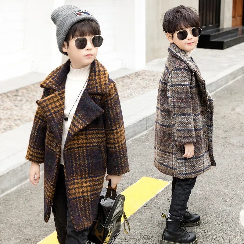 boy long wool jacket 2018 winter coats plaid warm clothing 12 years old