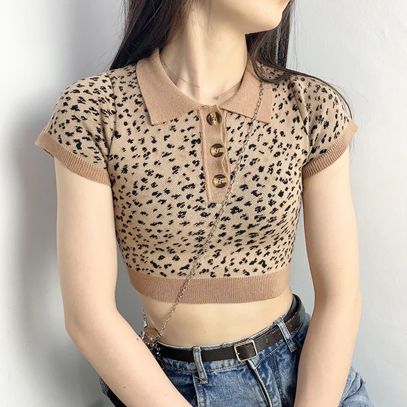 

Women Knit Polo Cropped top in Leopard Ribbed Knit Shoulder Slit Fit top