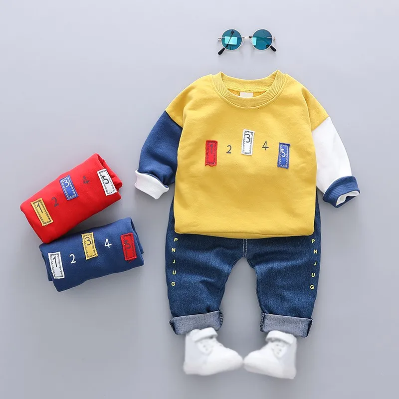

2Pcs/Set Autumn Children Boys Casual Long Sleeve Mixed Color Number Sweatshirt Tops+Denim Pants Costume Set