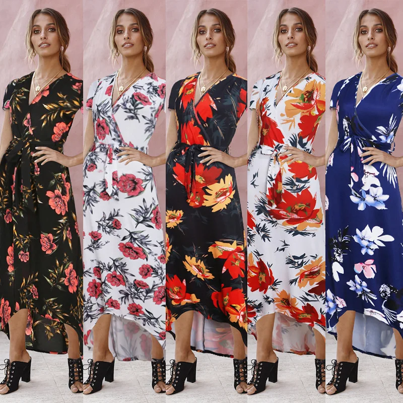 Summer women's clothing 2019 sell well fashion Print Dress Boho Round neck  Short sleeve Long section Women's clothing Dress