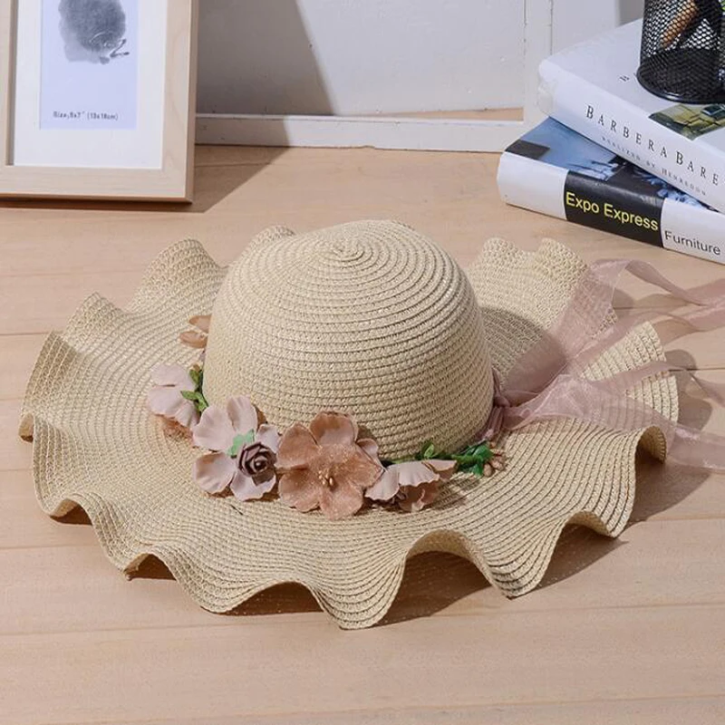 Flowers Sunshade Caps Cute Sweet Summer Big Foldable Floppy Straw Hat Women's Solid Color Wide