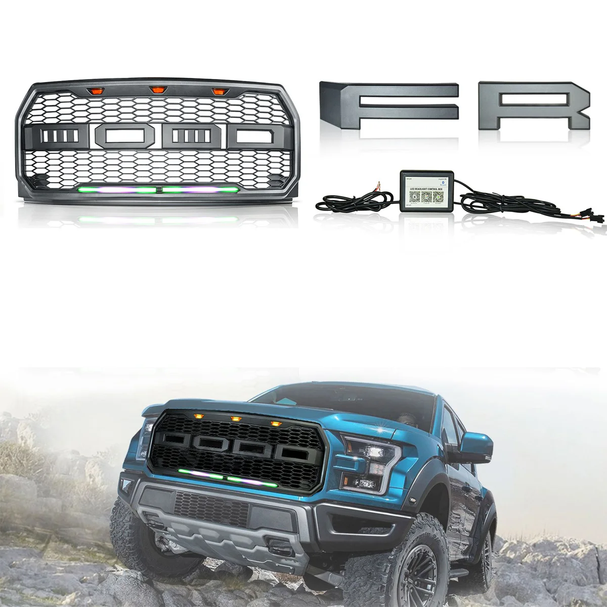

Car Raptor Styling Front Grille With RGB DRL LED Lamp And Emblem Housing For Ford Raptor F150 2015 2016 2017