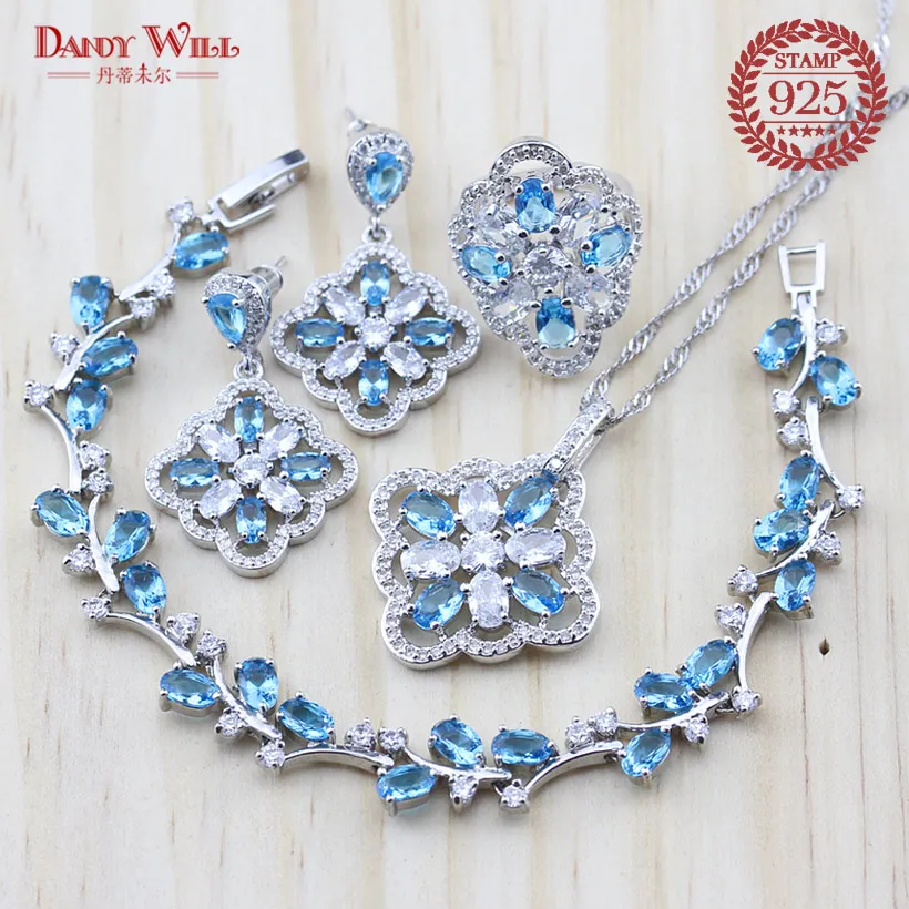 Sliver 925 Costume Jewelry Sets For Women Sky Blue Bracelets/Necklace