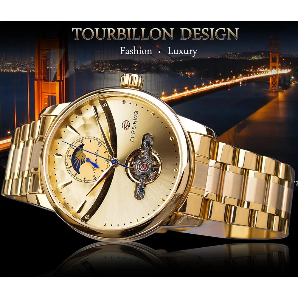Forsining Tourbillon автоматические мужские часы классические золотые мужские часы фаза Луны механические часы из нержавеющей стали наручные часы Relogio