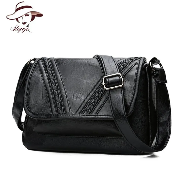 

Genuine Leather Black Soft Women Messenger Bags Knitting Fashion Crossbody Handbag Flap Casual Shoulder Bolsa Feminina Girls Bag