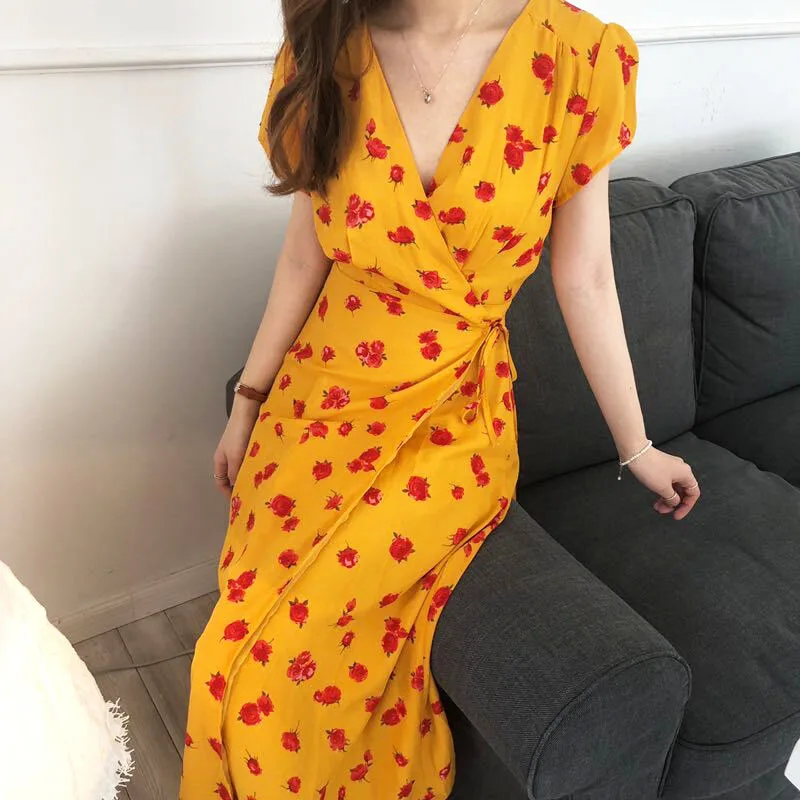 

Women Summer Sexy V Neck Floral Bodycon Long Dress High Waist Yellow Vestidos Verano Casual Plus Size Robe Femme Jurken Sundress