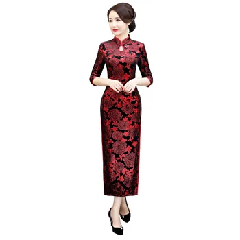 

Shanghai Story 2019 New Sale 3/4 Sleeve Keyhole Floral Qipao Velvet Cheongsam Dress Red Long Chinese Traditional Dress