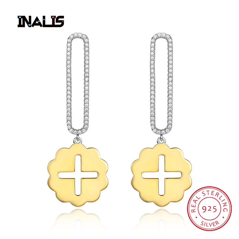 

INALIS Fashion Delicate Drop Earrings 925 Sterling Silver Fine Jewelry Cross Flower Dangle Brincos for Women Wedding Bijoux