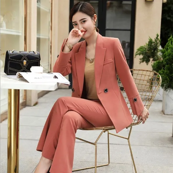 Womens Formal Pants Suits Women Office Pant Suit Set 2 Piece Double Breasted Blazer+Flared Pants Ladies Suite for Party Wedding