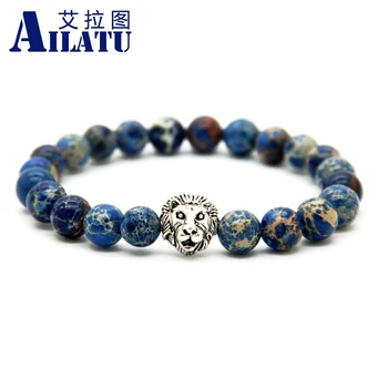 

Ailatu Men Jewelry Wholesale 8mm Blue Sea Sediment Stone Beads Antique Silver Color Lion Head Bracelet