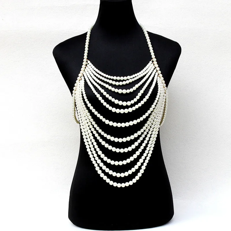 

2019 New Beach Hyperbole Multi Layer Long Pearl Bodychain Women Bohemian Necklaces Bridal Halter Body Jewelry Gros Collier