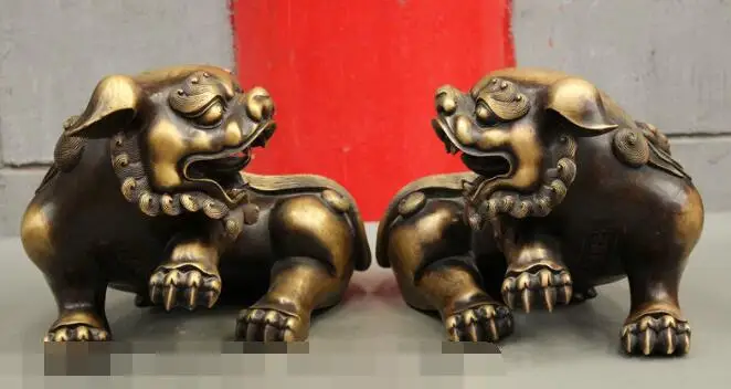 

S03060 12" Chinese FengShui Guard Pure Bronze Wealth PiXiu Lion Fu Foo Dog Statue Pair B0403