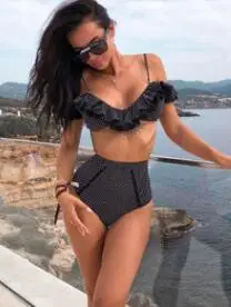 Пикантные Высокая Талия купальники бикини Для женщин Купальник Push Up Бикини кружева бикини с оборками купальный костюм Женская пляжная одежда - Цвет: black 1