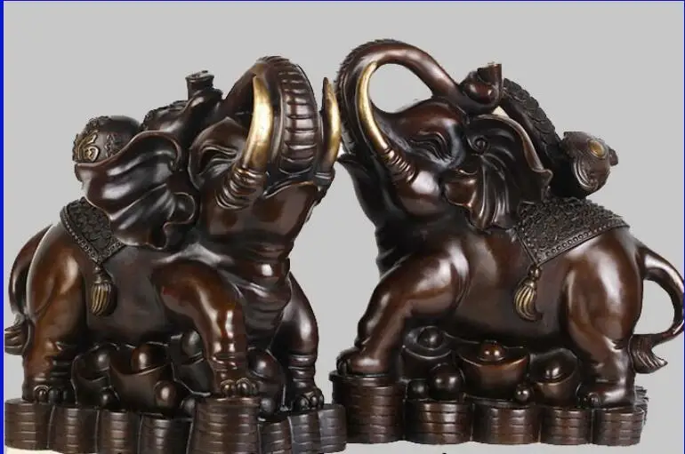 

free China Folk Bronze Copper Fengshui Yuanbao Wealth Ruyi Gourd Elephant Statue Pair fast