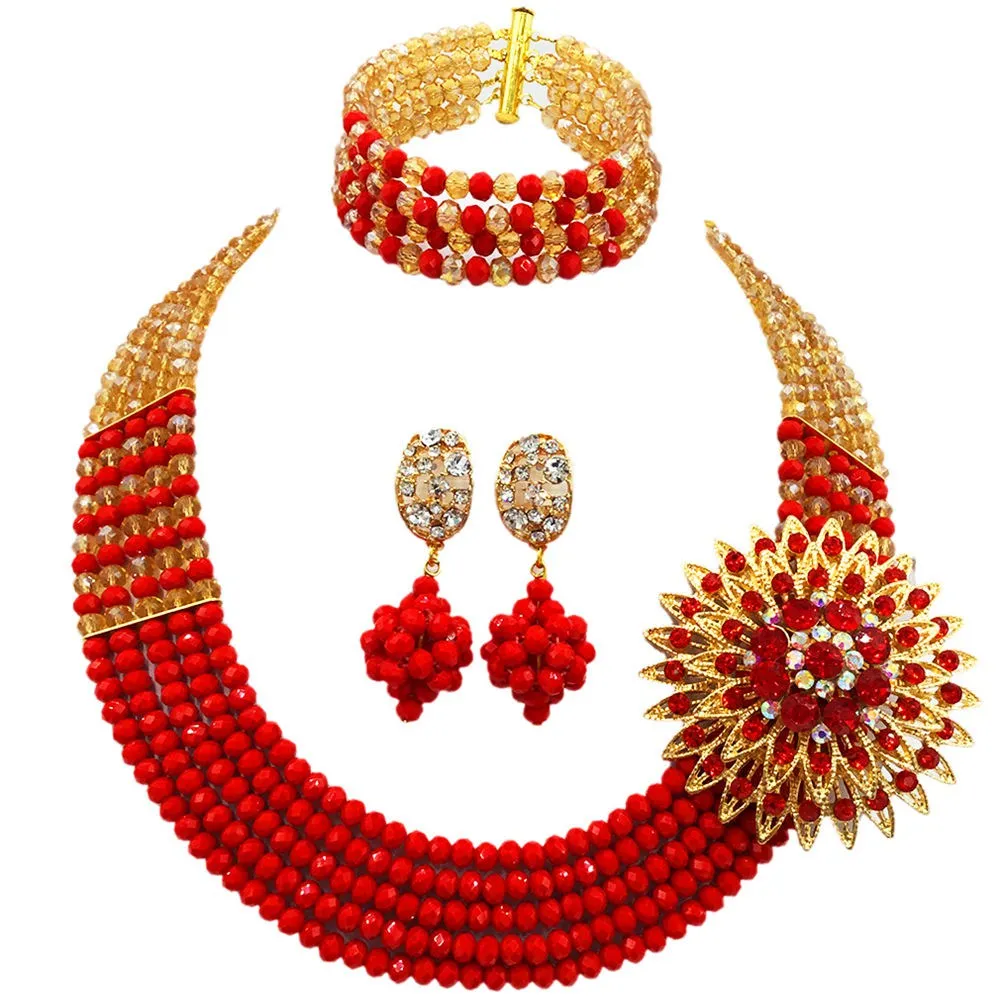 

Fashion Gold AB Opaque Red Crystal Beaded Necklace Nigerian Wedding African Beads Jewelry Set for Women 5L-SXJB04