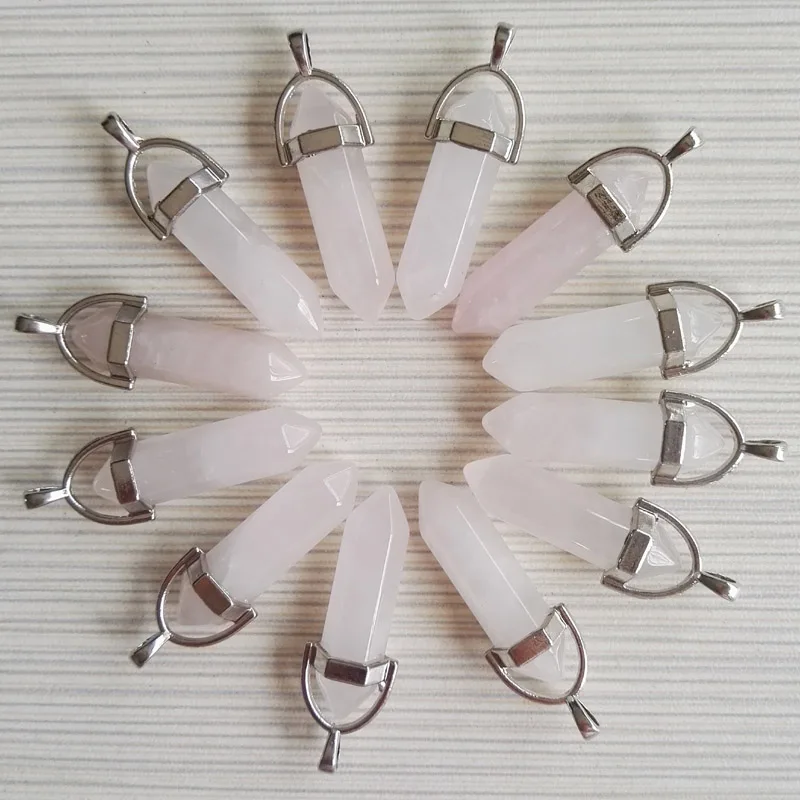 wholesale 24pc Roses Quartz Natural stone crystal pillar Necklace Pendant for Jewelry making