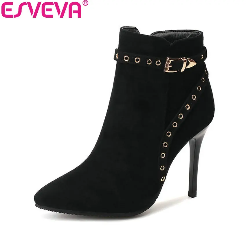 

ESVEVA 2019 Women Shoes Thin High Heels Zip Pointed Toe Boots Western Style Ankle Boots Elegant Buckle Woman Shoes Size 34-43
