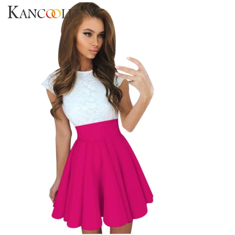 

2017 Sweet Girl Lace Party Cocktail Mini Dress Ladies Summer Short Sleeve Skater Dresses Hot Sale July0728