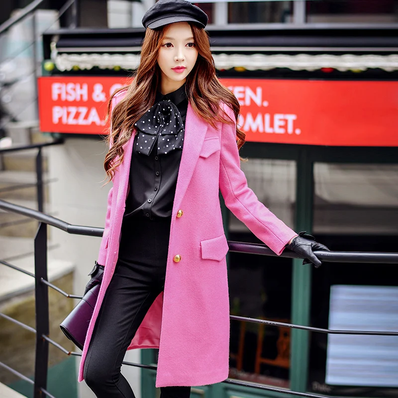 

Dabuwawa New Winter Women Long Coat Fashion Casual Button H-type Turn-down Collar Slim Long Wool Coat D16DLN015