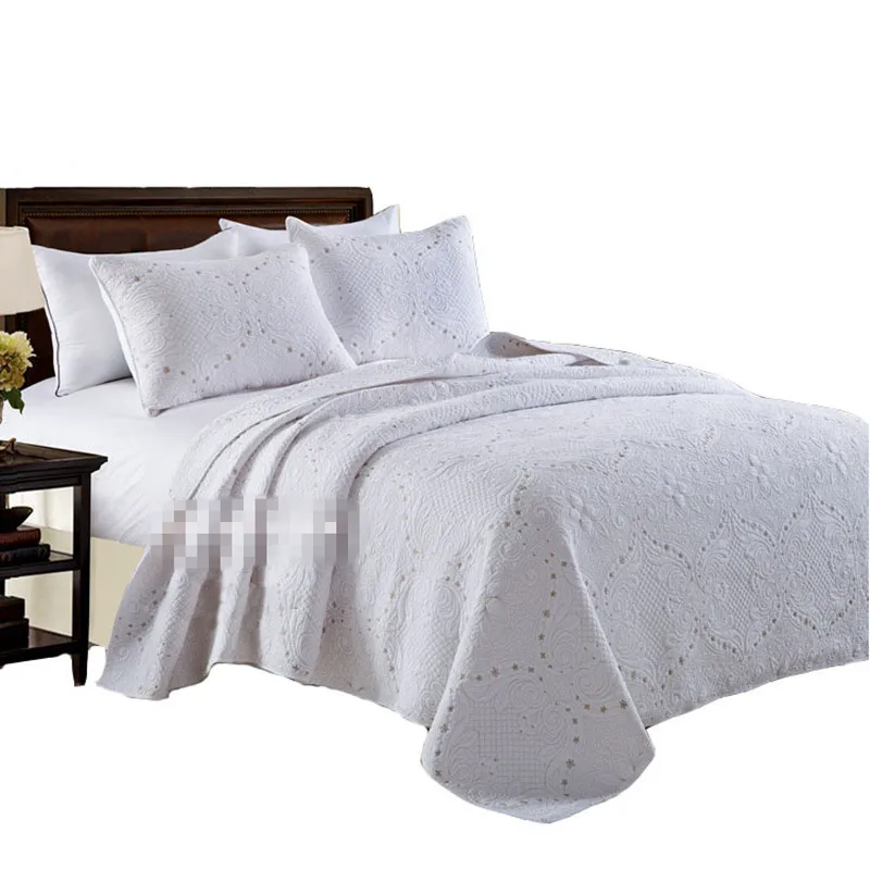 

Free shipping 3pcs European style 100%cotton embroidered white patchwork quilt full queen size bed cover/bedspread AN