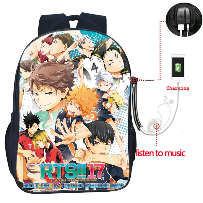 Мужчины Женщины Мальчики Девочки Haikyu! Рюкзаки с USB зарядкой школьные ранцы для