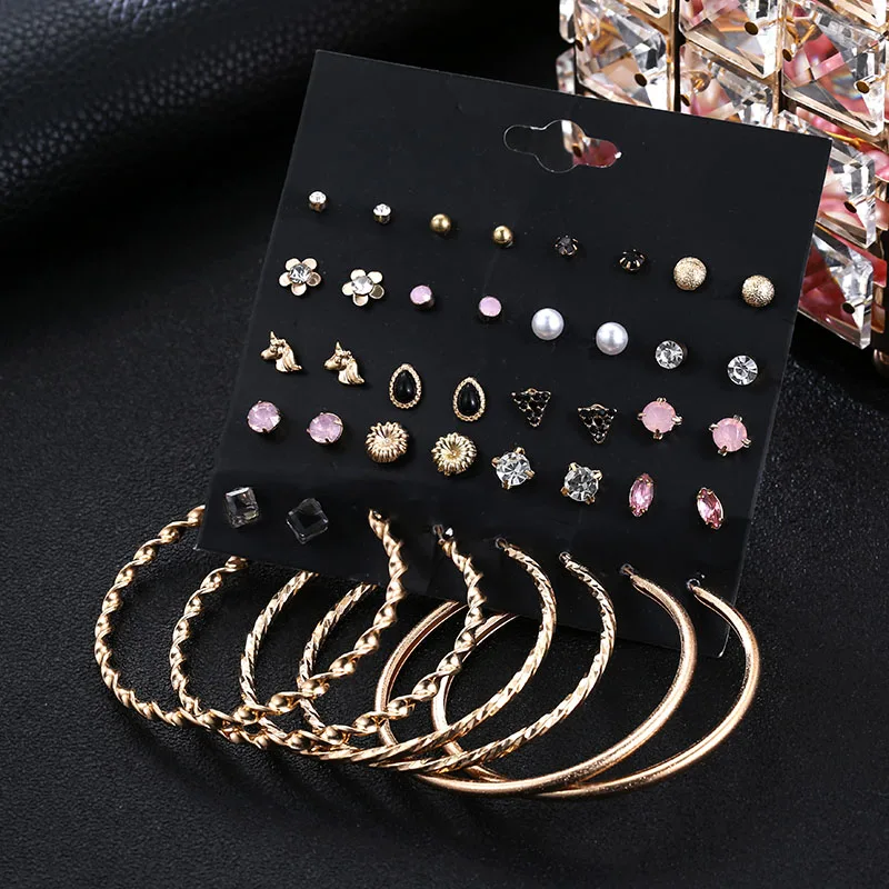 

New Crystal Simulated Pearl Flower Stud Earrings Set For Girls Women Golden Cirlce Loop Earring Fashion Party Jewelry Gift