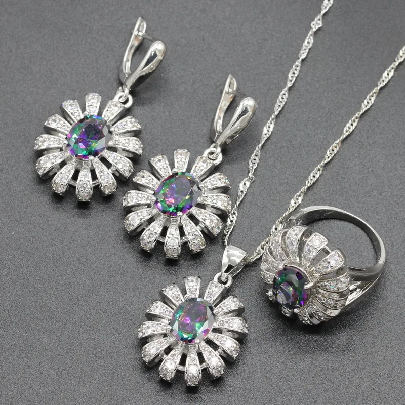 

925 Sterling Silver Jewelry Sets 2018 Popular Cubic Zirconia 5 Colors for Women Earrings Necklace Pendant Ring