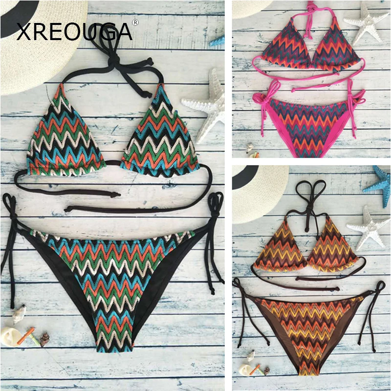 

XREOUGA 2018 Bohemia Style Bikini Candy Color Woman Swimwear Striped Swimsuit Beach Bikinis Push up Bandage Bikini Sets