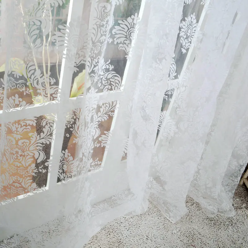 

Window Curtain Screening Flower Beige White Sheer Curtains for Doors Living Room Fashion Flock Printing Transparent Home Decor