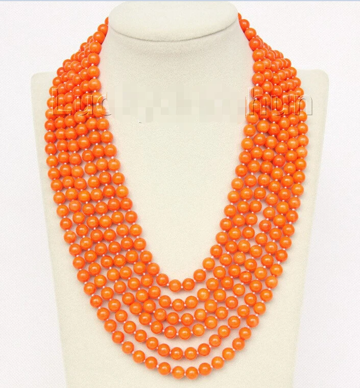 

16"-21" 6row 7mm round orange yellow coral necklace magnet clasp j9778^^^@^Noble style Natural Fine jewe FREE SHIPPING