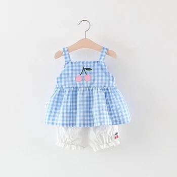 

2019 Summer Infant Baby Sleeveless Plaid Cherry Print Blouse Vest Tops + Casual Shorts Kids 2Pcs Suits Girls Clothing Sets