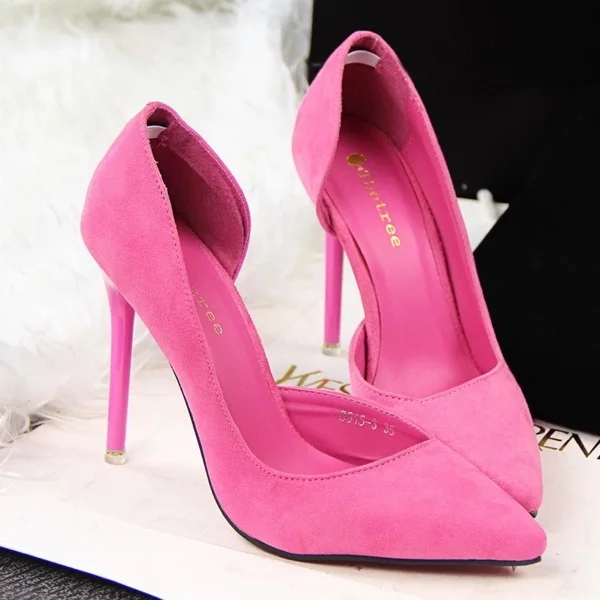 

2017 summer fashion thin high heels suede shallow mouth sexy side hollow tip