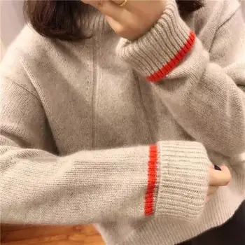 

2018 new autumn and winter thick sweater loose sweater women's long-sleeved high collar color matching shirt