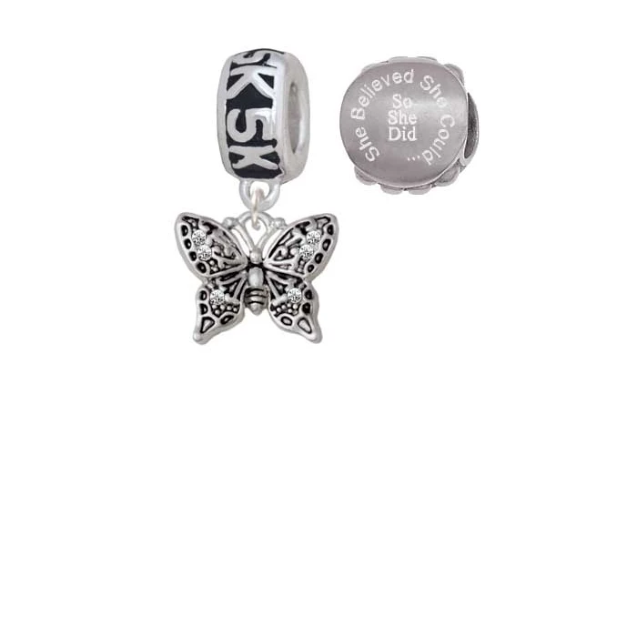 Silvertone Small Antiqued Crystal Butterfly 5K Run She Believed She Could Charm Beads (Set of 2)